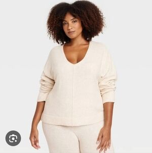 Auden Women's V Neck Pullover Sweater Oatmeal Length 25Size 1X PTP 24